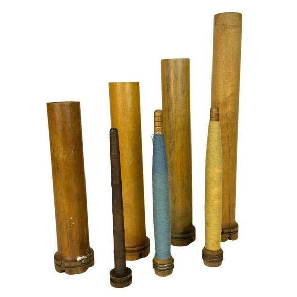 Vintage Wooden Industrial Bobbin Thread Textile Spools Quills Lot of 7 Rustic - Picture 1 of 7